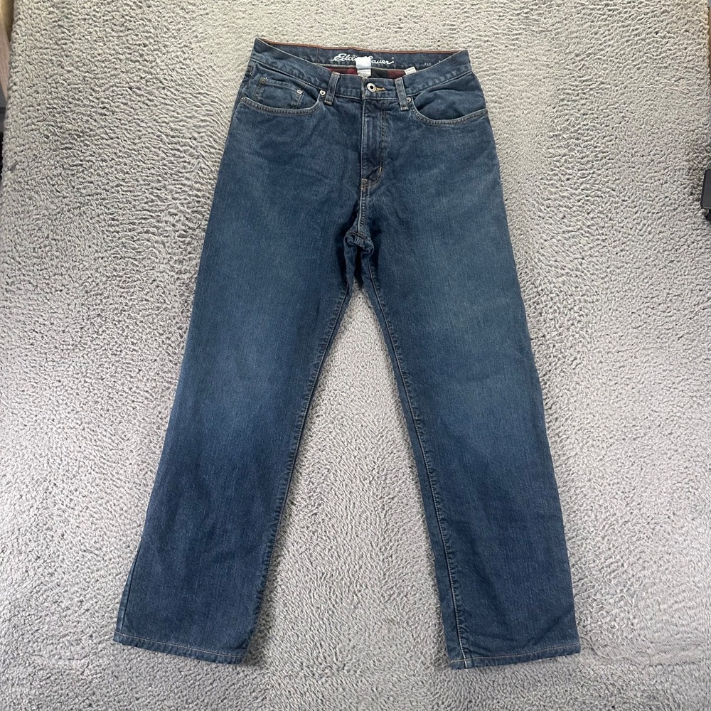 Eddie Bauer Jeans Mens 30x30 Blue Cotton Denim Straight Relaxed Flannel-Lined